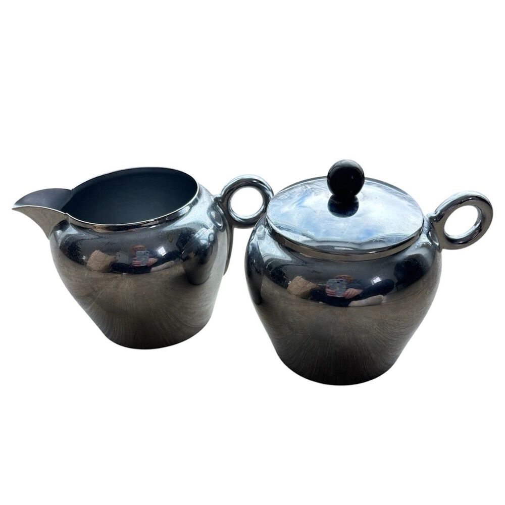 GE Hotpoint Creamer Sugar Bowl Set Vintage Chrome Art Deco Bakelite 1930s 4.5x5